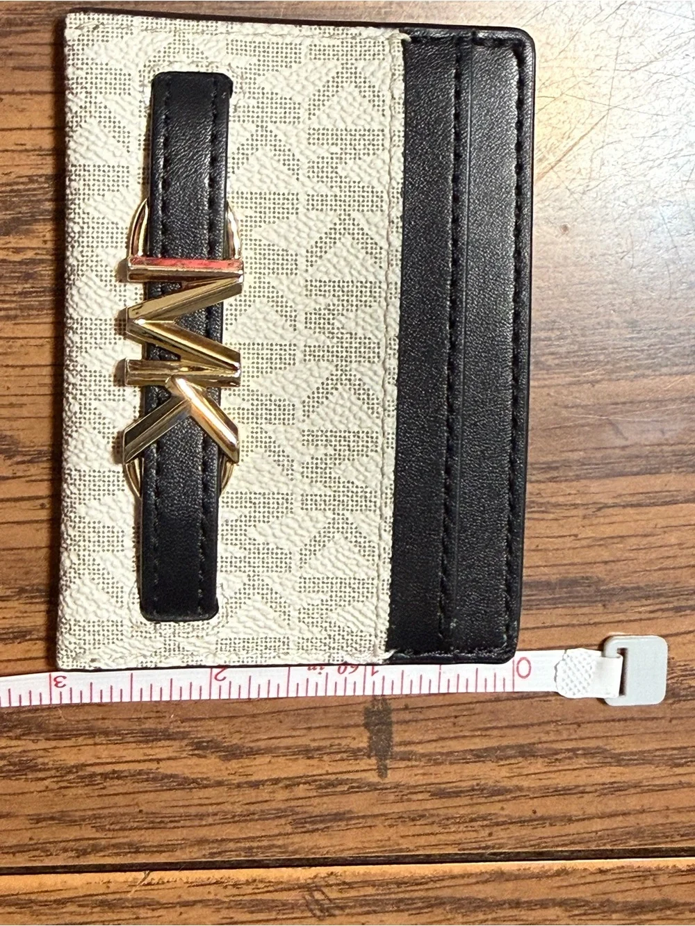Michael Kors MK Vanilla Logo Card Holder Wallet Black Leather Gold Logo Card